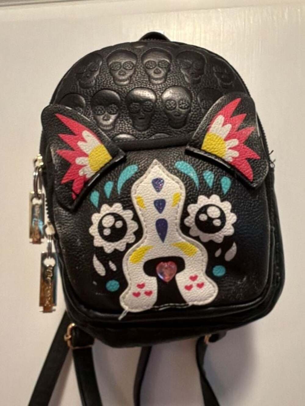 Betsey Johnson Skull Embossed Sugar Skull Dog Mini Backpack